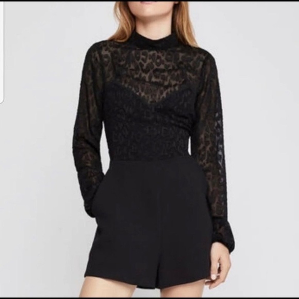 BCBGeneration Black Lace Long-Sleeve Romper